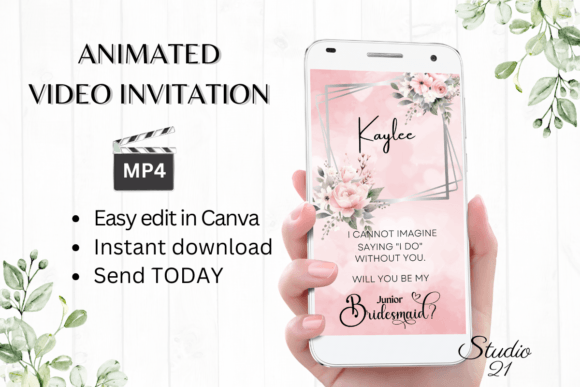 Pink Roses Junior Bridesmaid W3273JM: Digital Animated Invitation Template